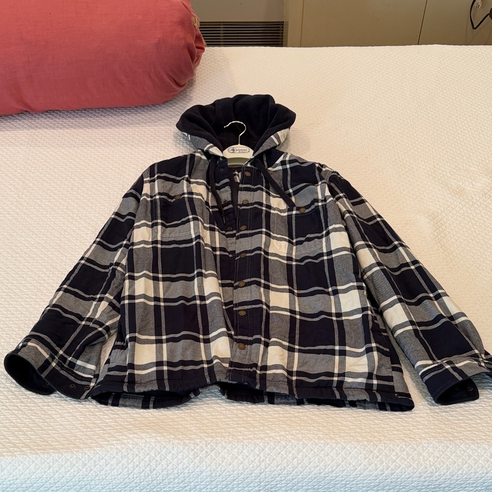 Vintage L.L. Bean Men’s Navy and White Plaid Flannel Hoodie